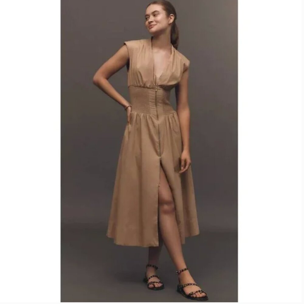 🏷 *NWT* ✨ Anthropologie Maeve Neutral Smocked Midi Dress 🤍🌾
